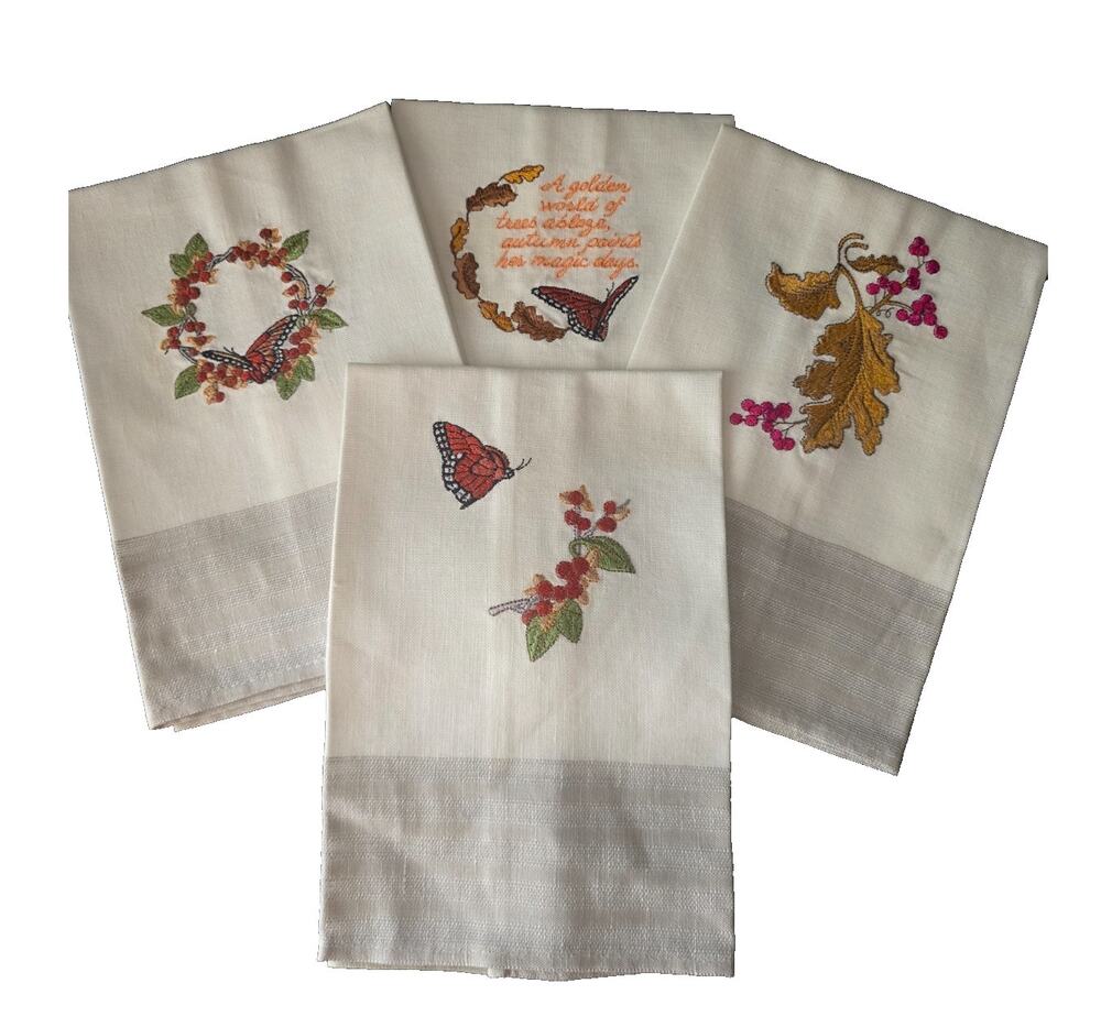 New Embroidered Autumn Denby Pottery Com. 18x18 Set of 4 Napkins